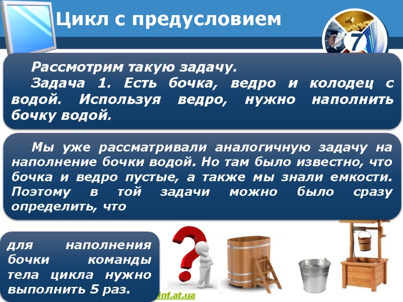 Цикл с предусловием Рассмотрим такую задачу. Задача 1. Есть бочка, ведро и колодец с